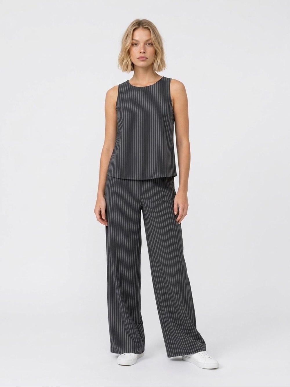 Sleeveless Pinstripe Wide-Leg Jumpsuit - Charcoal Sharp Look